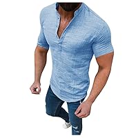 Short Sleeve Linen Shirts for Men Henley Blouses V Neck Muscle Hippie Casual Beach Summer Button T Shirt