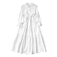Women Cotton Hollow Out Summer Dress Casual High Waist Ruffled Mini Dresses A-Line Frills Vestido