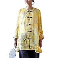 Bat Sleeve Printed Chinese Shirt Round Neck Chinese Tops Linen Blouse Long for Women Yellow