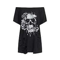 Women's Tops Sexy Tops for Women Women's Shirts Skull & Floral Print Off Shoulder Tee Without Belt (Color : Black, Size : Small)