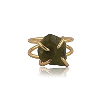 Prong Setting Ring Rough Peridot Gemstone Brass Handmade Band Design Gold Plated Lightweight Adjustable Rings Jewelry