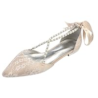Womens Lace Flats Pointed Toe Court Shoes Comfort Pearl Flats for Wedding Bride Party Dress Back Strap Lace Up