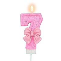 Pink Number 7 Candle for Girl Birthday Party Decorations, Girl 7th Birthday Party Decorations Supplies, 3D Bow Designed Pink Number Candles for Birthday Cake Topper Decorations (Pink 7 Candle)