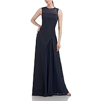 Illusion Jewel Neck Sleeveless Zipper Closure Asymmetrical Skirt Pleated Stretch Crepe Gown with Chiffon Underlay Navy Blue / 4