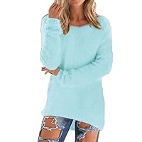 Women Long Sleeve Sexy V Neck Mohair Loose Casual Tunic Pullover Sweater Blouse Tops Baggy Jumper (Sky Blue, L)