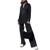 Pleated 2 Piece Outfits for Women Long Sleeve Oversized Button Down Shirt Wide Leg Pants Sets Casual Loungewear