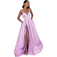 Women's Satin Prom Dresses Long Ball Gown V Neck High Slit Ruched Corset Formal Party Dress with Pockets