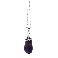 Sterling Silver Natural Amethyst Stone Teardrop Pendant Chain Necklace, 16