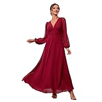 Fall Dresses for Women 2022 Lantern Sleeve Plunging Neck Chiffon Dress (Color : Burgundy, Size : Small)