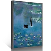 Framed Funny Black Cat Wall Art Canvas Print Artwork Cat Lover Poster Gift Cute Room Aesthetic Claude Monet Waterlily Ready to Hang for Living Room Bedroom Decor