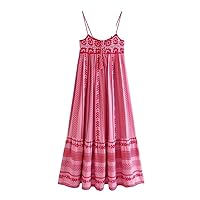 Female Embroidery Printed Pleat Sleeveless Off Shoulder Dresses Summer Vacation Beach Dress