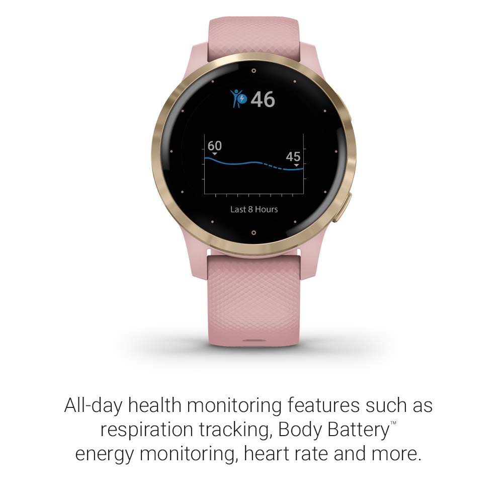 Garmin 010-02172-31 Vivoactive 4S, Smaller-Sized GPS Smartwatch, Features Music, Body Energy Monitoring, Animated Workouts, Pulse Ox Sensors and More, Light Gold with Light Pink Band