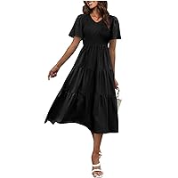 YUTANRAL Womens 2023 Summer Ruffle Sleeve Round Neck Smocked Maxi Dress Trendy Casual Elegant Flowy A Line Floral Prom Dress