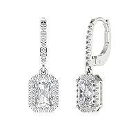 3.57 CT Emerald Round Cut Conflict Free Halo Solitaire Genuine Moissanite Lever back Drop Dangle Earrings 14k White Gold