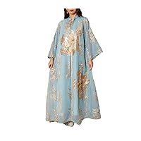 Women Muslim Dress Elegant Sequin Embroidered Abaya Dress Kaftan Long Sleeve V-Neck White EN8 Blue Abaya