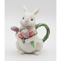 Fine Ceramic Bunny Rabbit with Tulips Flower Teapot, 7-1/4