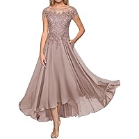 Tea Length Mother of The Bride Dresses A Line Chiffon Lace Applique Formal Evening Dress for Women Wedding Guest