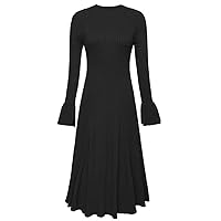 Women's Knit Long Sweater Dress Autumn Winter Bell Sleeve Fitted Waist Big Swing Flared Length Maxi Dresses