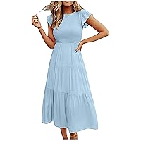 Women Ruffle Tiered Smocked High Waist A-Line Dress Summer Frill Cap Sleeve Keyhole Back Casual Flowy Solid Dresses