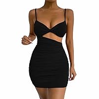 Women's Bodycon Sleeveless Deep V Neck Summer Dress Wrap Ruched Cocktail Party Mini Casual Belted Dresses for