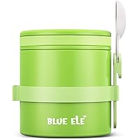 BLUE ELE Leakproof, Vacuum Insulated Thermos Hot Lunch Containers with Ceramic-Coated Stainless Steel, Easy Grip Lid, and Folding Spoon, 13.5oz, Avocado Green