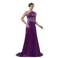 Purple Open Back One Shoulder Court Train Beaded Prom Dress Cutout Sides