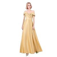 VeraQueen Women's Off Shoulder Satin Prom Dresses A Line High Slit Evening Gowns Champagne