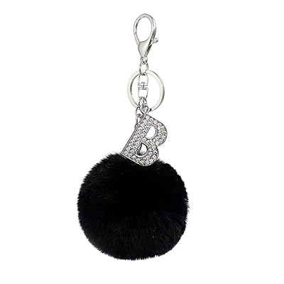 Czsycdsf Crystal Initial Letter AZ Puff Fur Ball Keychain Black Pom Pom  Keyring