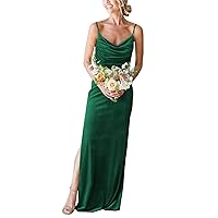 Women's Cowl Neck Velvet Bridesmaid Dresses Long Modern Formal Wedding Guest Dress with Side Slit M005