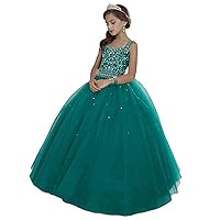 Girl's Off Shoulder Long Pageant Dresses Princess Tulle Beaded Straps Birthday Party Dress Turquoise