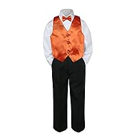 4pc Formal Baby Teen Boy Orange Vest Bow Tie Set Black Pants Suit S-14 (8)
