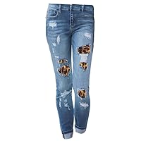 Andongnywell Women's Leopard Patch Ripped Jeans High Waisted Stretch Pencil Jean Destroyed Hole Denim Pants