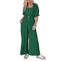 Dokotoo Women's Casual Loose Overalls Jumpsuits One Piece Short Puff Sleeves Wide Leg Long Pant Rompers With Pockets