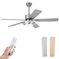 52 Inch Ceiling Fans with Lights Remote Control, Wood Low Profile Ceiling Fan with 5 Silver Blades Quiet Reversible DC Motor, Modern Ceiling Fan with 6 Speeds, Dimmable LED Light, Smart Timing