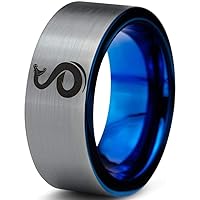 Snake Serpent Slither Rattle Bite Ring - Tungsten Band 8mm - Men - Women - 18k Rose Gold Step Bevel Edge - Yellow - Grey - Blue - Black - Brushed - Polished - Wedding - Gift Dome Flat Cut