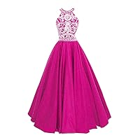 Women's Satin Beaded Long Party Gown Dress A Line Prom Dress Keyhole Back