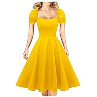 Hanpceirs Women's Puff Short Sleeve 1950s Party Dresses Square Neck Aline Dress with Pockets