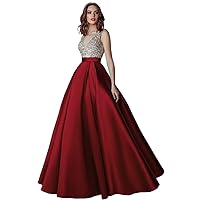 Women's V-Neck Satin Long Prom Dresses Beaded A-line Formal Evening Gowns with Pockets
