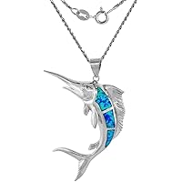 Sterling Silver Synthetic Opal Marlin fish Necklace in Blue & Pink CZ Accent 1 7/8 inch Rope Chain