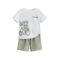 WDIRARA Boy's 2 Piece Outfits Cartoon Bear Letter Print Round Neck Short Sleeve T Shirt and Track Shorts Set