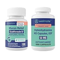 WELMATE Nighttime Relief Combo: Mucus Relief Guaifenesin 1200mg Extended-Release (100 Ct) & Diphenhydramine 50mg Sleep Aid & Allergy Relief (1000 Ct) | 24-Hr Symptom Control for Restful Sleep