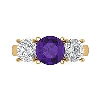 Clara Pucci 3.22ct Round Cut Solitaire three stone Natural Amethyst gemstone designer Modern Statement Ring Real Solid 14k Yellow Gold