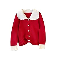 Korean Sweet Peter Pan Collar Heart Button Cardigan Sweater Women Hit Color Long Sleeves Knitted Sweater Loose Tops