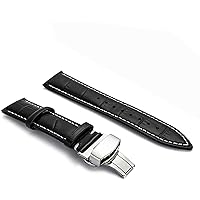 22mm Genuine Leather Watch Band Strap Fits Black with White Stitch Deployment Buckle-18