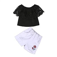 Kids Girls Fashion Outfit Set Lace Off Shoulder Tops Short Sleeves Shirt+Ripped Denim Shorts Rose Printing