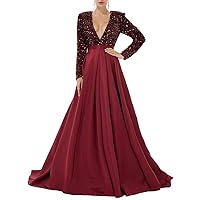 Women's Deep V Neck Long Sleeve Sequined Prom Dress A Line Satin Formal Evening Party Gowns with High Slit