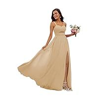 Dessiny Ruched Straps Chiffon Bridesmaid Dresses for Women with Slit Long A Line Pleated Formal Party Dress 2024 DE55