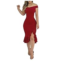 Sexy Formal Dresses Women Wedding Guest, Summer Off The Shoulder Slit Ruched Bodycon Dresses Fitted Party Cocktail Dresses Fall Guest Halter Sundresses for Dress Bodycon (M, Red)