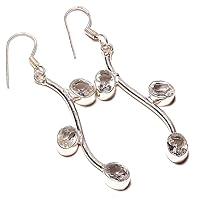Girls Jewelry! Clear Crystal Quartz HANDMADE Sterling Silver Plated Earring 2.25