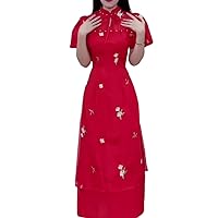 Vietnamese Traditional Ao Dai, High Neck with Bow, 4 Sides, 2 Front and 2 Back, White Pants